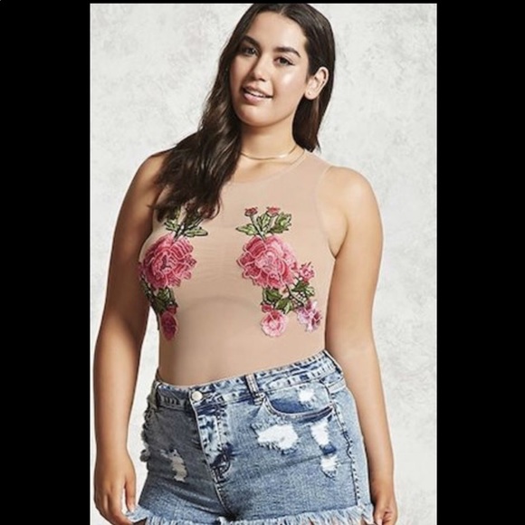 Forever 21 Tops - 2/$20 Forever 21 mesh bodysuit w floral embroidery